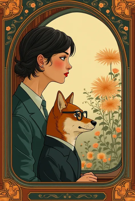 Ride the Mayushiba dog train、White Shiba Inu、Drawn eyebrows、Glasses、Dog wearing a suit、I am on a train、High-resolution profile of a person looking out the train window, Decorative art, Art Nouveau, Alphonse Mucha, 