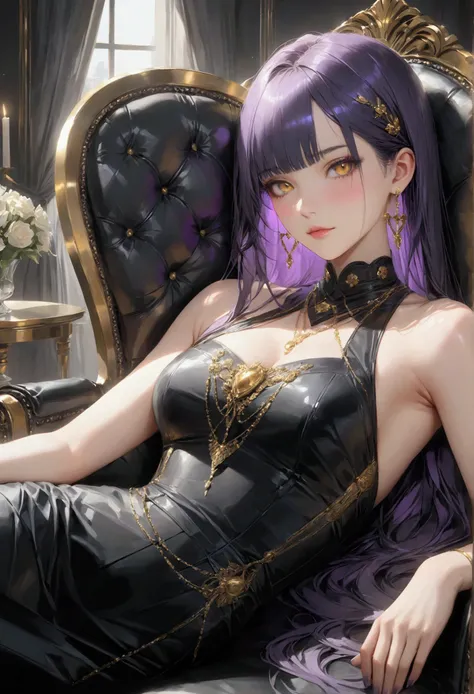 Long smooth straight black hair, inner colored dark-purple hair, golden eyes,laying on chair in designer clothes, masterpiece, super detail, best quality, 8k,realistic