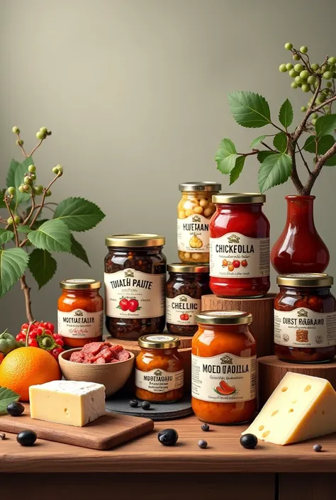 A set of canned food in yogurt on a table, black olives, cheese, chickpeas, pickled eggplant, mortadella, ghee, mushrooms, tomato paste and grape leaves.