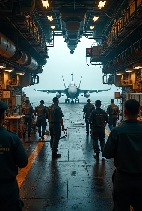 Inside the deck of a US aircraft carrier fleet at sea、Close-up image of
