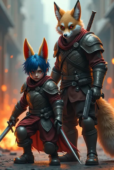 (photorealism:1.2), Boy, gus mask, armor, swords, mask on the side of his head of a fox, red eyes, blue hair, looking at the camera, fire, grown man, fox ears, tail, gun in the other hand, outside, on one keen,