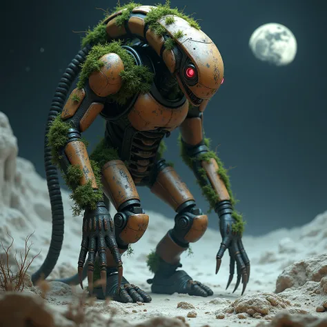 An alien with a futuristic and robotic design, similar to THE ALIEN from the movies. he has a humanoid shape, and a worn and rusted metal body, covered in moss and vines. glowing red eyes. Futuristic setting on the moon. It must be large and have a small h...