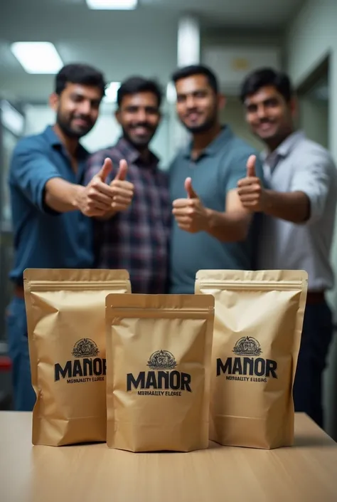 A photo of a small Indian factory with 3-4 small packing and refilling machines. There are 3-4 Indian workers facing the camera, smiling, and giving a thumbs up. All the packets are of brown paper color and named "MANOR" with black ink. The packets are pla...