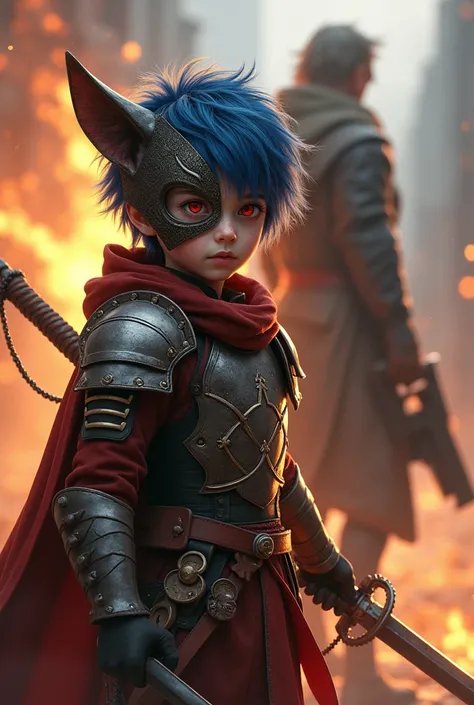 (photorealism:1.2), Boy, gus mask, armor, swords, mask on the side of his head of a fox, red eyes, blue hair, looking at the camera, fire, grown man, tail, gun in the other hand, outside, on one keen,