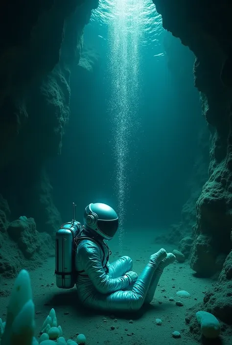 (Ultra high definition, clear, delicate) A dark cave sea with sharp and big crystals rising out of it.. Inside, a woman wearing a turquoise shiny metal spacesuit and space helmet is swimming comfortably, curled up like a fetus in the womb. Above the woman’...