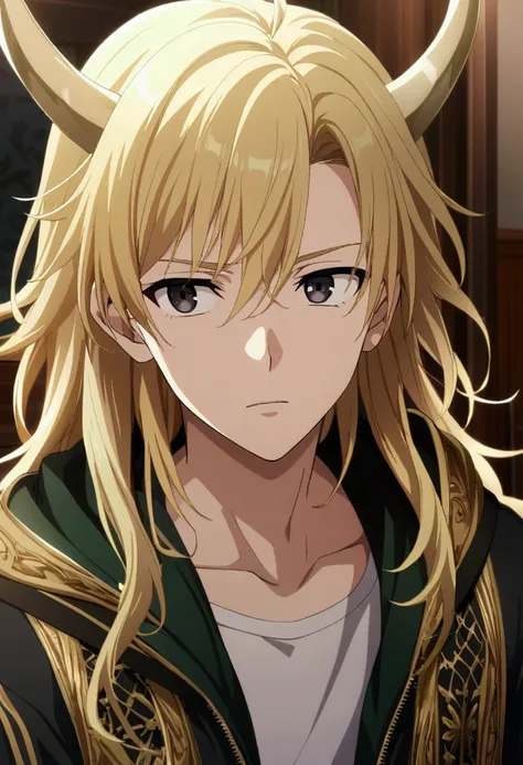 1boy,male,long gold hair,black eyes with gold irisboy,white horns, CG, screenshot, teenage