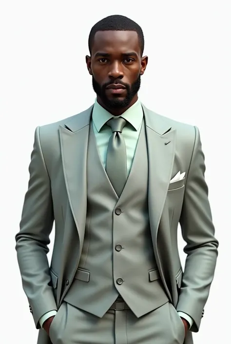  in white background, black man wearing a light grey suit grey waistcoat and light jade shirt and a tie.