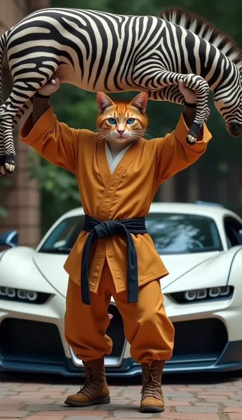 (photorealism:9.16) Make a picture facing the camera of a muscular orange male cat, her eyes are blue, flat nose, wear kungfu clothes and kungfu shoes, both hands lift the zebra above the head, with the background of the Bugatti veyron car, wide, full body...