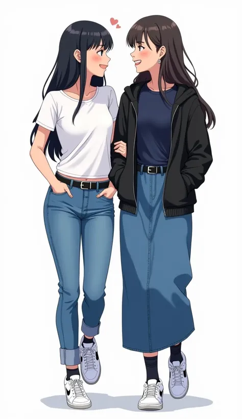 Two young womens, same tall height, yuri.

The first young women long black hair wear a a white round neck shirt, long jeans pants, black socks, white nike sneakers, tuck the white round neck shirt into long jeans pants.

The second young women long black ...