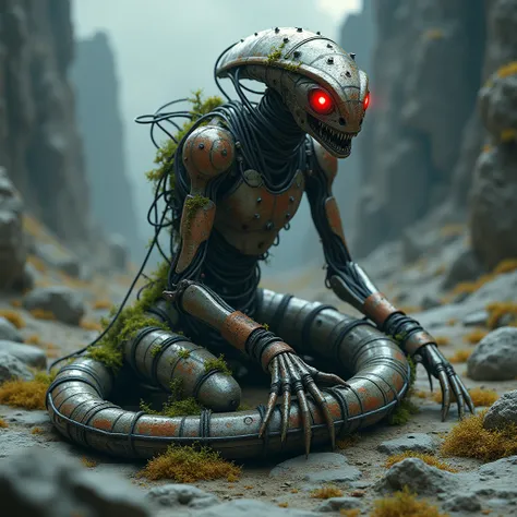 An alien with a futuristic and robotic design. He has a snake shape, and a worn and rusted metal body, covered in moss and vines. glowing red eyes. Futuristic setting on the moon. 