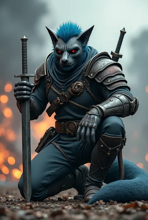 (photorealism:1.2), Boy, gus mask, armor, swords, mask on the side of his head of a fox, red eyes, blue hair, looking at the camera, fire, tail, gun in the other hand, outside, on one keen, grown man, gloves,