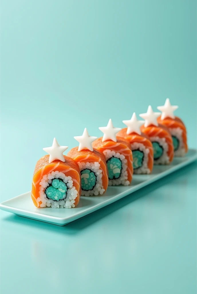 Sushi rolls with turquoise blue rice and salmon and with the 5 white stars in the center. 