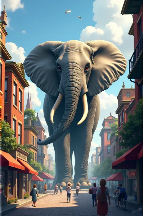 A small city with a big elephant in the background 