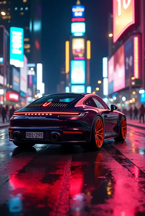 The Porsche 911 is in the New York city and neon lights and the wheel of car is shining orange 