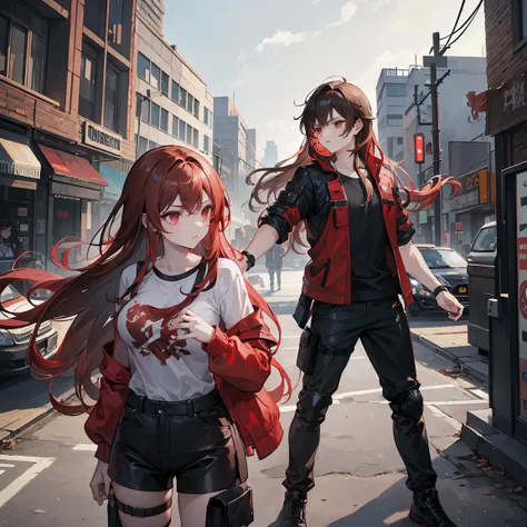 2 character, a man with very short wavy brown hair and a girl with long red hair, he is wearing black bad boy clothes and the girl is wearing a shirt that hits her thighs, they are in a cyber post apocalyptic city,they are fighting each other.