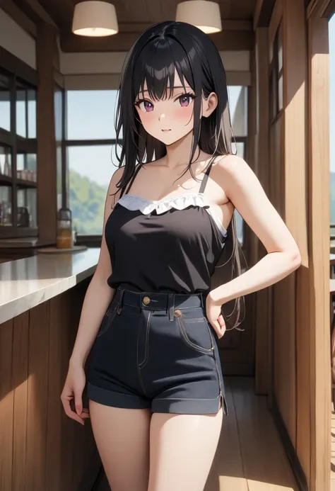 (Best Quality, 4K, 8k, High resolution, masterpiece:1.2), Very detailed, Picturesque, Animation Photos, Photo Animation:1.37)、Cafe、Beautiful Japanese Women、Black Hair、Long Hair、straight hair、middle parts、Black camisole、Navy blue shorts with white trim