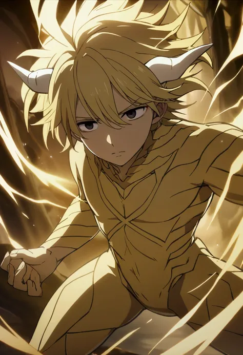 1boy,male,long gold hair,black eyes with gold irisboy, white horned,dragon human form, CG, screenshot