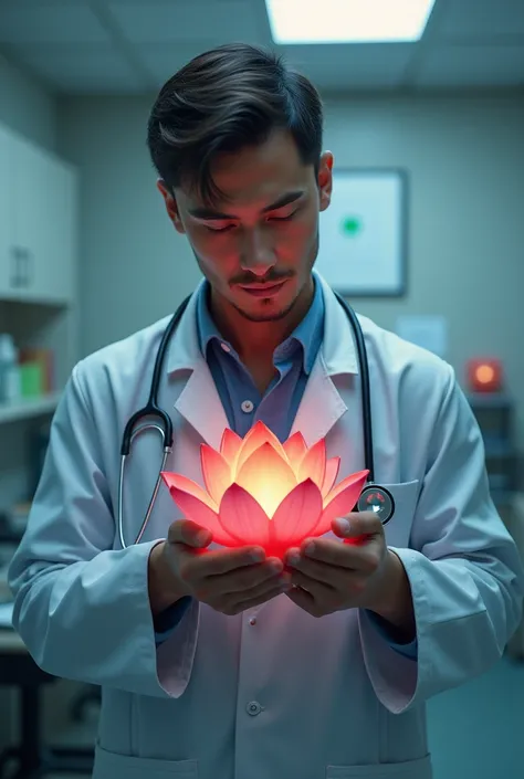 Doctor listening to his own heart with stethoscope，The position of the heart is a lotus，The environment is clean and tidy