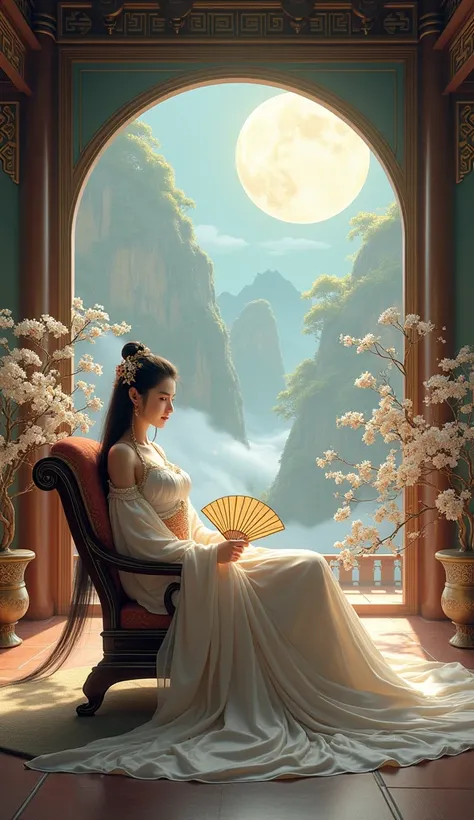 Chinese ancient living room decoration，Moon Palace Murals，Chinese goddess Chang&#39;e，long hair shawl,headgear，earrings，Wearing Chinese fairy costume，Sitting in a recliner，Moon Rabbit is helping to fan the wind