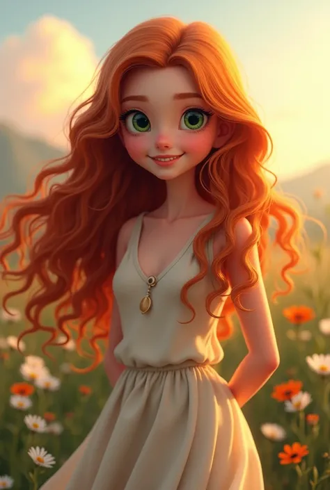 A real young girl with long wavy vibrant red hair. His eyes are bright green and his expression is friendly and confident.. It is in a natural setting with wild flowers around, while a gentle breeze lightly moves her hair. She wears a light bohemian-style ...