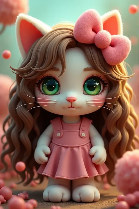 Hello kitty with long brown curly hair green eyes choni