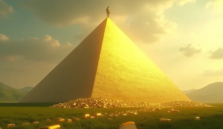 "Create an ULTRA REALISTIC image of a gigantic pyramid made of solid gold, situated in the middle of a green field with open sky and many gold bars around and on the way. The pyramid shines under the strong sun, and one person is on top, contemplating the ...