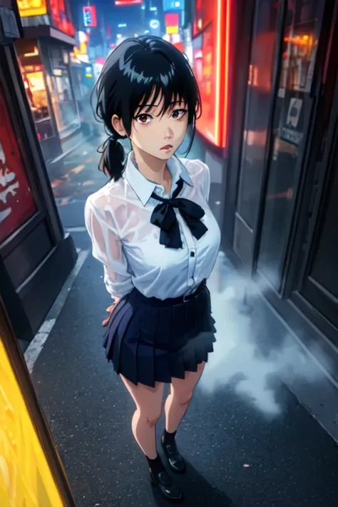 (((masterpiece, Best Quality, Very detailed)), One girl, Old age_up, Alone, View your viewers, work_flower, Brown eyes, Manga, anime, Black Hair, Blue tight skirt、ribbon, black ribbon, black , White see-through blouse、, From above, Standing on the street, ...