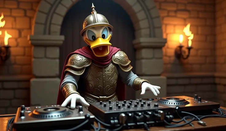 Realistic style, Master Parts, Best Quality, 8K, art stations, foco nítido, Ultra-realistic, high details, Donald Duck playing dj, with medieval armor