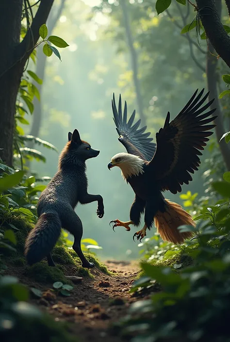 Angry black fox and eagle in jungle (realistic photo)