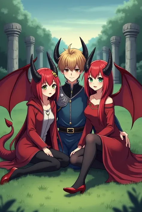 (three characters, two woman, one male:1.4), (sit on grass:1.15), ( (Dan:0.01), mature man, (short blond hair:1.2), (brown eyes:1.1), (black dragon horns, red dragon tail, wings:1.3), (blue medieval shirt, black belt:1.2), (silver humero pads:1.1), (calm:1...