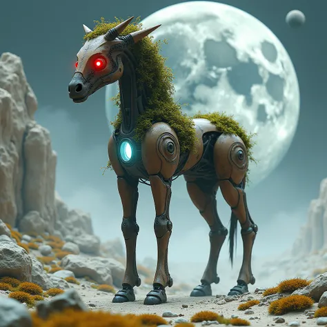 An alien with a futuristic and robotic design. He has a centaur-like shape, and a worn and rusty metal body, covered in moss and vines. Red eyes extended with a white light coming from the chest. futuristic scenery on the moon.