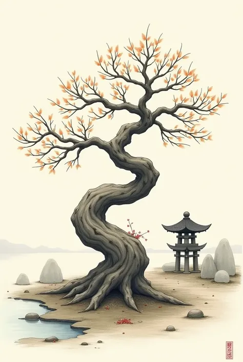 a drawing of a bonsai-like tree with Japanese features
