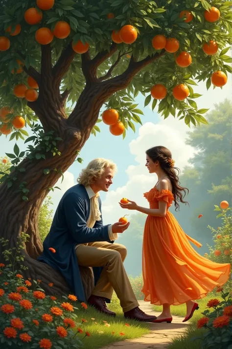 Generate an image for me 

Scene: A serene garden with an orange tree. A young man, Isaac Newton, is sitting under the tree, deep in thought. Suddenly, an orange falls from the tree and hits him on the head. He looks up, startled, and notices a beautiful y...