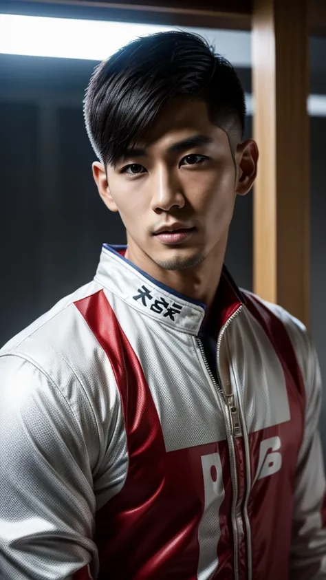 handsome japanese man with crew cut hair and racer clothes.