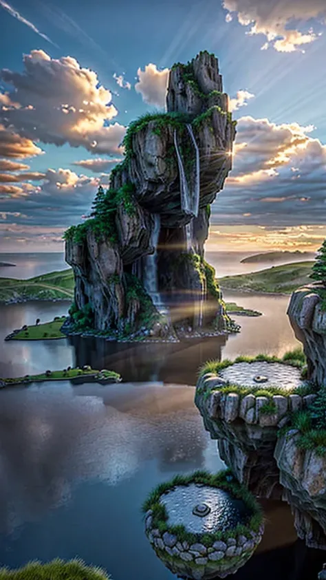 Create a 3D-rendered scene of small floating islands in the sky. Each island has intricate geometric structures made of stone, grass, and metal. There should be winding paths, staircases, and small waterfalls cascading into the clouds below. Soft light bea...