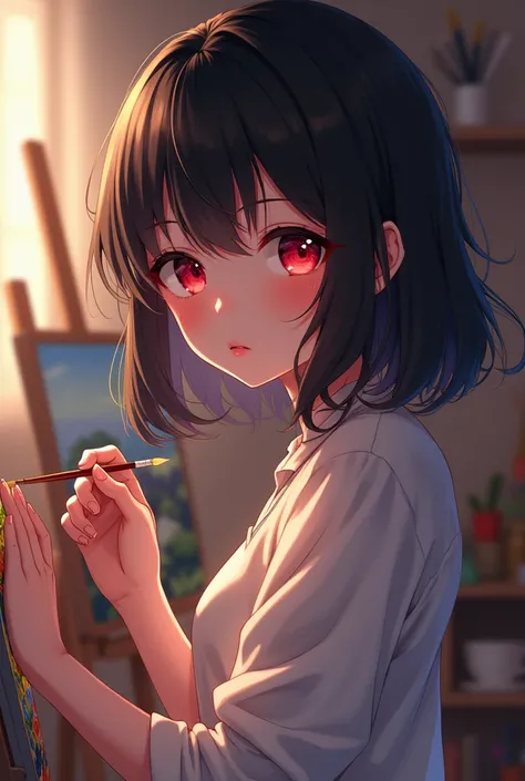 Anime girl with black hair and red eyes doing painting on a canvas