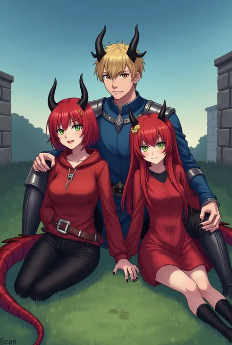 (three characters, two woman, one male:1.4), (sit on grass:1.15), ( (Dan:0.01), mature man, (short blond hair:1.2), (brown eyes:1.1), (black dragon horns, red dragon tail, wings:1.3), (blue medieval shirt, black belt:1.2), (silver humero pads:1.1), (calm:1...