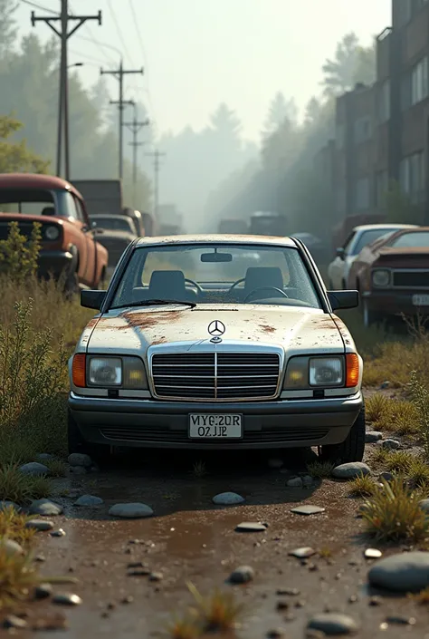 Create photorealistic image of a 1988 Mercedes 190 on a junkyard