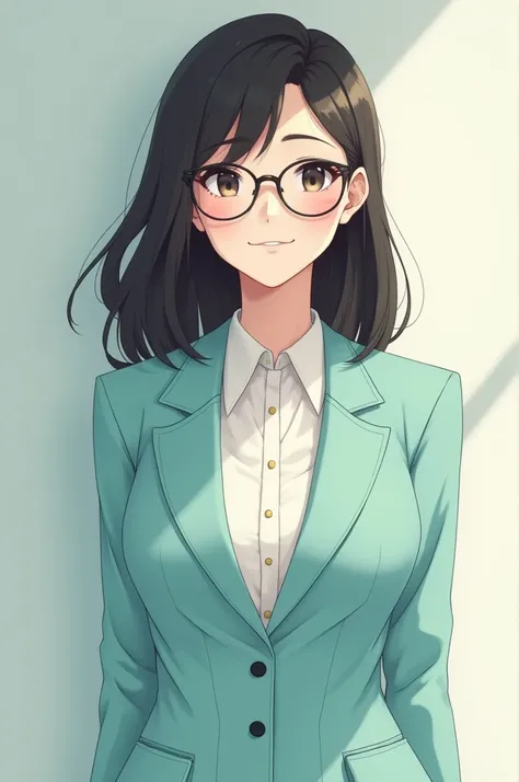 a beautiful woman with anime style who exudes calm and warmth. a modern and minimalist figure, with a smart but friendly aura. His hair is a mixture of black and dark brown, medium length with a neat appearance. Her skin is neutral in color with a clean an...