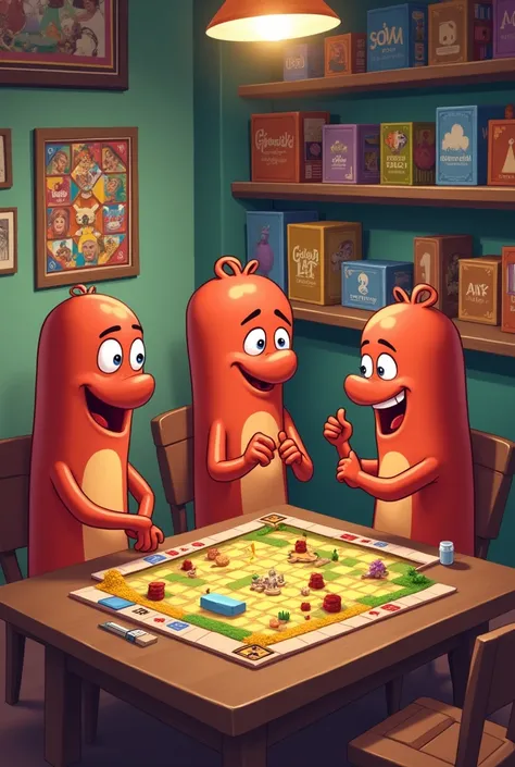 Create an image, in cartoon style, of three happy sausages, sitting at a table, playing catan, in a game room, with shelves with games, thumbnails, and posters related to board games. 