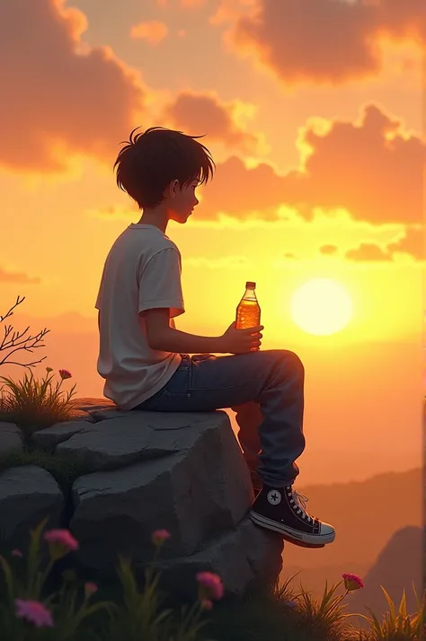 A alone boy sitting on the rock with a colddrink bottel and wearing baggy jeans and t shirt and seeing sun set