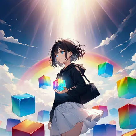 Best Quality, 4K, 8k、rainbow色のキューブを持っている女性,Seven cubes floating in the palm of your hand,Seven color cubes,Ultra-mysterious,Black Hair,Short Hair,Blown by a strong wind,blue eyes,[Calm face,Black hoodie,White Skirt,Standing,Black sneakers,rainbow色の光,7 cube...