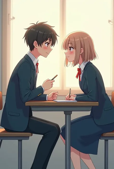 A boy and a girl sitting side by side but in different desks in school uniform, boy with white shirt and blue pant, girl with white shirt and blue tunic, girl blushing and boy with stoic face but happy inside girl with short hair holding a pen. Theyre both...