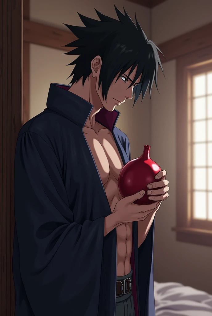 Sasuke Uchiha holding his erect cock, masturbating in his room