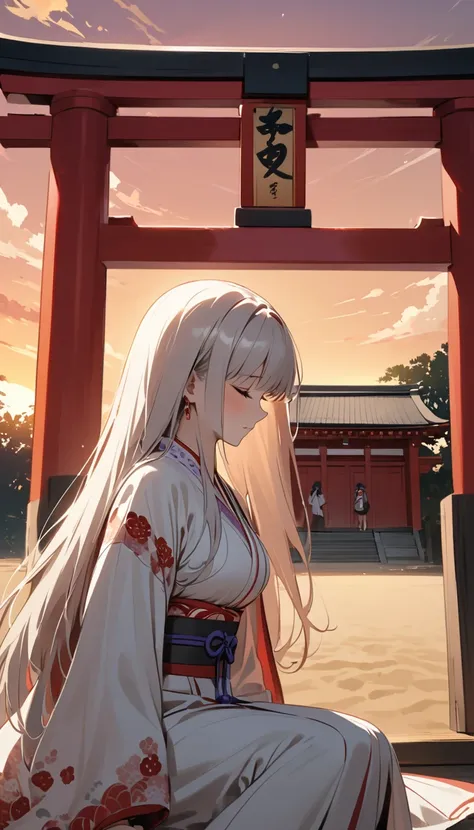 In front of the torii gate on the beach in the evening、A Japanese-style shrine maiden with a large bust feels good in the breeze.、Asleep。In her background is a beautiful purple and orange sky.。This scene has a relaxed, lofi vibe.