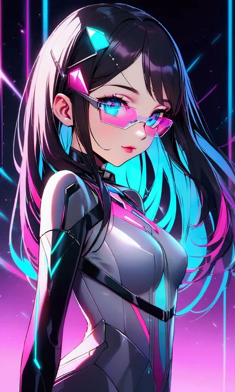 The teenage girl in a futuristic era has shoulder-length hair styled in sleek, geometric cuts, with vibrant colors like holographic silver mixed with neon pink or electric blue. Her hair may have glowing streaks or digital patterns that shift with her mood...