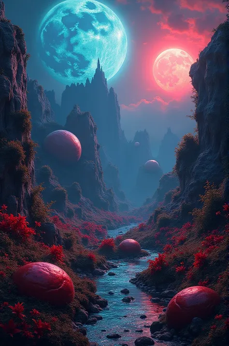 Butiful planets in garden in dark theme with blue moon and red flowers with red sky.