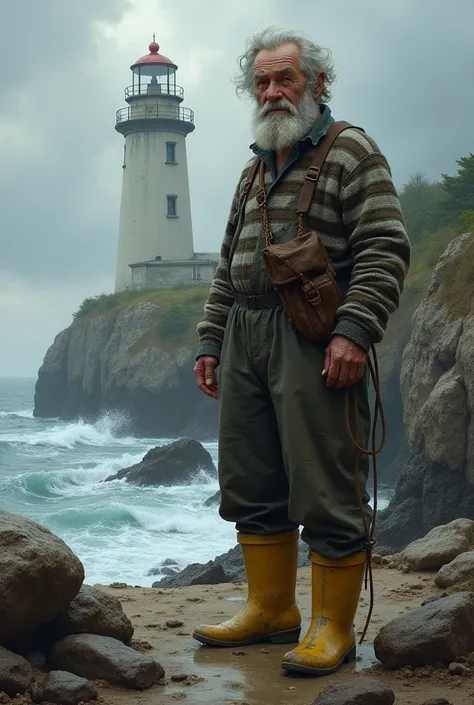 Lighthouse keeper : old, grey hair like full beard, yellow rubber boots, striped sweater, dungarees