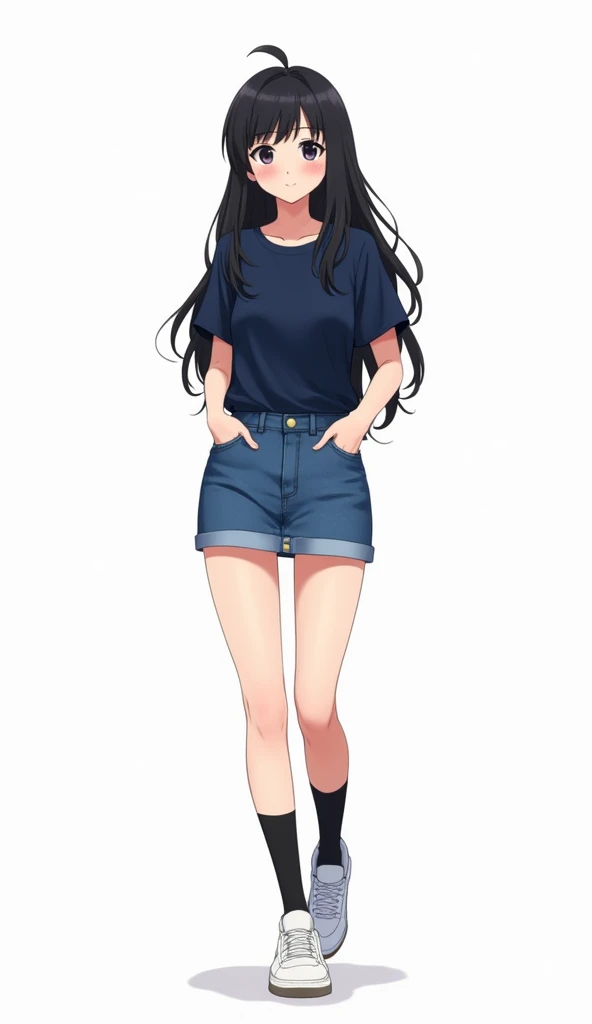 young woman, same tall height, yuri.

The young woman long black hair wear a navy round neck shirt, jeans skirt, black underpants, black socks, white nike sneakers, tuck the navy round neck shirt into jeans skirt.

Shes walking, smiled without showing teet...