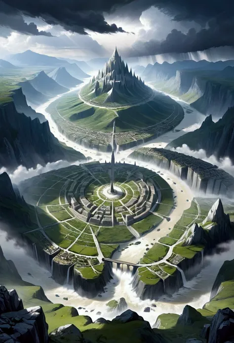 white stone city in the middle of a valley surrounded by rivers and raised on a black mounain  in the middle of a storm